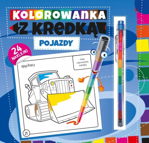 Kolorowanka z kredką Pojazdy Malowanka 24 naklejki kredka 11 kolorów
