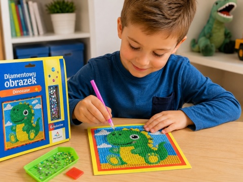 Haft diamentowy dla dzieci obrazek wyklejanka mozaika dinozaur 19x19