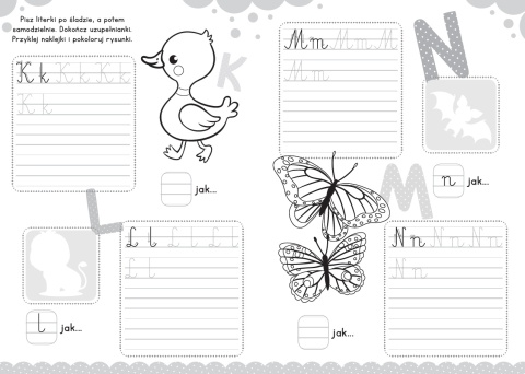 Nauka literek dla dzieci książeczka z naklejkami do pisania po śladzie