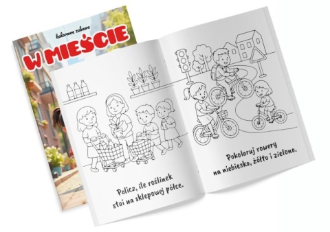 W mieście kolorowanka dla dzieci książka edukacyjna z naklejkami 16 str