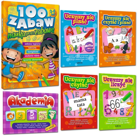 Akademia 5 lat łamigłówki labirynty zagadki i naklejki Wydawnictwo GREG + Zestaw