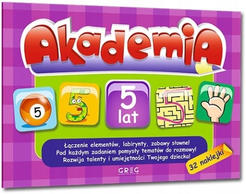 Akademia 5 lat łamigłówki labirynty zagadki i naklejki Wydawnictwo GREG + Zestaw