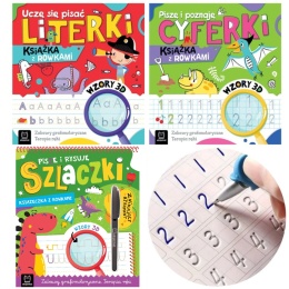 Zestaw 3 książki z rowkami szlaczki literki cyferki dla dzieci + znikopis