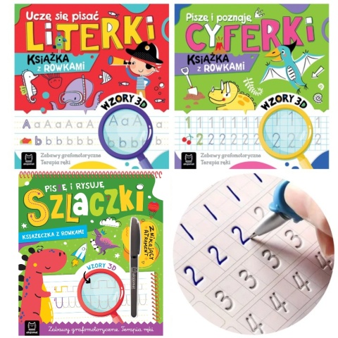 Zestaw 3 książki z rowkami szlaczki literki cyferki dla dzieci + znikopis