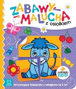 Zabawy malucha z osiołkiem Aktywizująca książeczka z naklejkami puzzlami