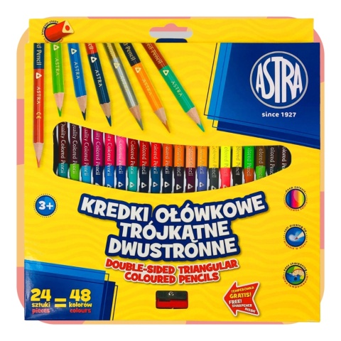 Astra KREDKI SZKOLNE TRÓJKATNE DWUSTRONNE 24 kredki 48 kolorów + TEMPERÓWKA Astra KREDKI SZKOLNE TRÓJKATNE DWUSTRONNE 24 kredki 48 kolorów + TEMPERÓWKA