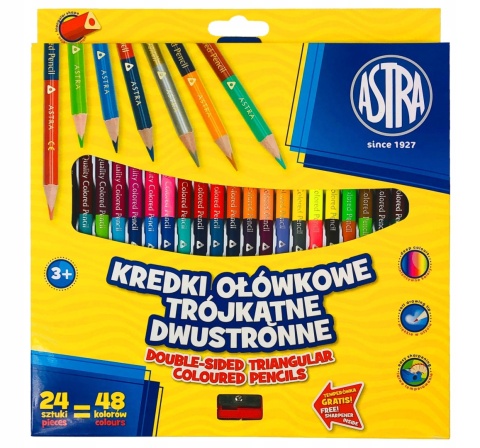 Astra KREDKI SZKOLNE TRÓJKATNE DWUSTRONNE 24 kredki 48 kolorów + TEMPERÓWKA Astra KREDKI SZKOLNE TRÓJKATNE DWUSTRONNE 24 kredki 48 kolorów + TEMPERÓWKA