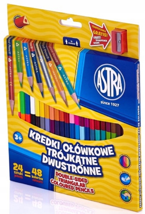 Astra KREDKI SZKOLNE TRÓJKATNE DWUSTRONNE 24 kredki 48 kolorów + TEMPERÓWKA Astra KREDKI SZKOLNE TRÓJKATNE DWUSTRONNE 24 kredki 48 kolorów + TEMPERÓWKA