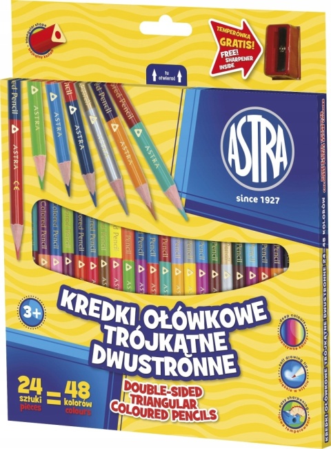 Astra KREDKI SZKOLNE TRÓJKATNE DWUSTRONNE 24 kredki 48 kolorów + TEMPERÓWKA Astra KREDKI SZKOLNE TRÓJKATNE DWUSTRONNE 24 kredki 48 kolorów + TEMPERÓWKA