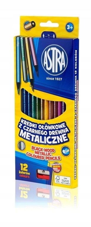 Kredki ołówkowe metaliczne z czarnego drewna Astra 12 kolorów Kredki ołówkowe metaliczne z czarnego drewna Astra 12 kolorów