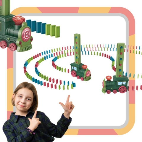 KOLEJKA POCIĄG LOKOMOTYWA AUTOMATYCZNA CIUCHCIA UKŁADAJĄCA KLOCKI DOMINO KOLEJKA POCIĄG LOKOMOTYWA AUTOMATYCZNA CIUCHCIA UKŁADAJĄCA KLOCKI DOMINO