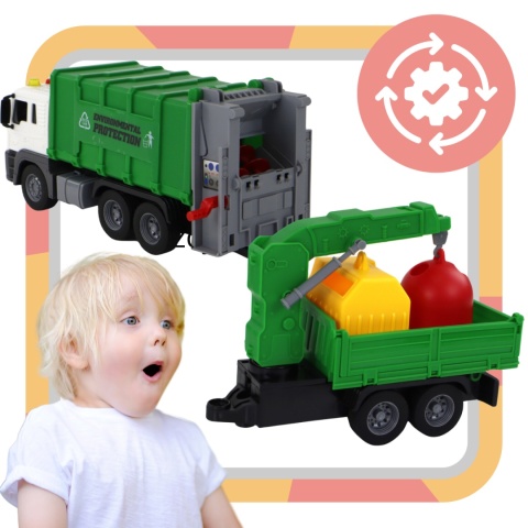 Śmieciarka Ciężarówka Z Przyczepą Dźwig Efekty Świetlne Dźwiękowe 2 Kubły Śmieciarka Ciężarówka Z Przyczepą Dźwig Efekty Świetlne Dźwiękowe 2 Kubły