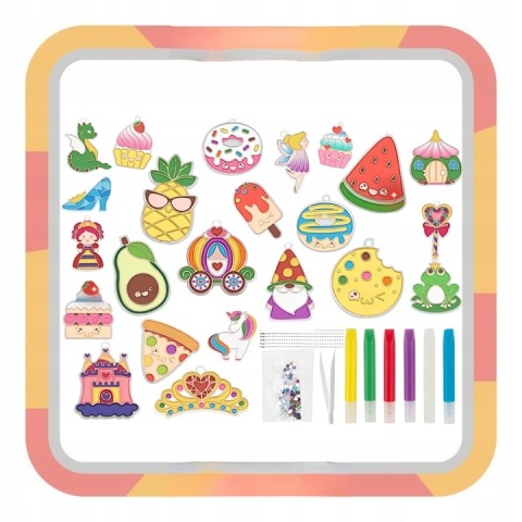 ZESTAW DO ROBIENIA BRELOCZKÓW dla dzieci DIY breloczki 12 szablonów 12 farb ZESTAW DO ROBIENIA BRELOCZKÓW dla dzieci DIY breloczki 12 szablonów 12 farb