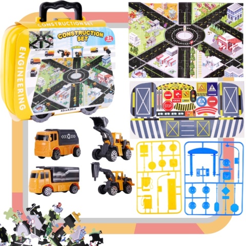 Zestaw Pojazdy Budowlane W Walizce Na Kółkach Miasteczko Plansza Puzzle Zestaw Pojazdy Budowlane W Walizce Na Kółkach Miasteczko Plansza Puzzle