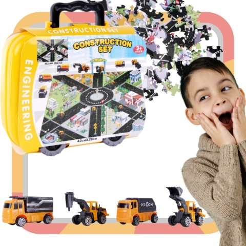 Zestaw Pojazdy Budowlane W Walizce Na Kółkach Miasteczko Plansza Puzzle Zestaw Pojazdy Budowlane W Walizce Na Kółkach Miasteczko Plansza Puzzle